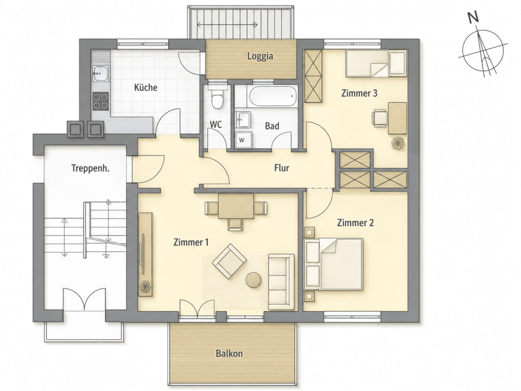 Freiburg - Freie 3 Zimmer im EG-Hochparterre mit gr. Balkon und Loggia